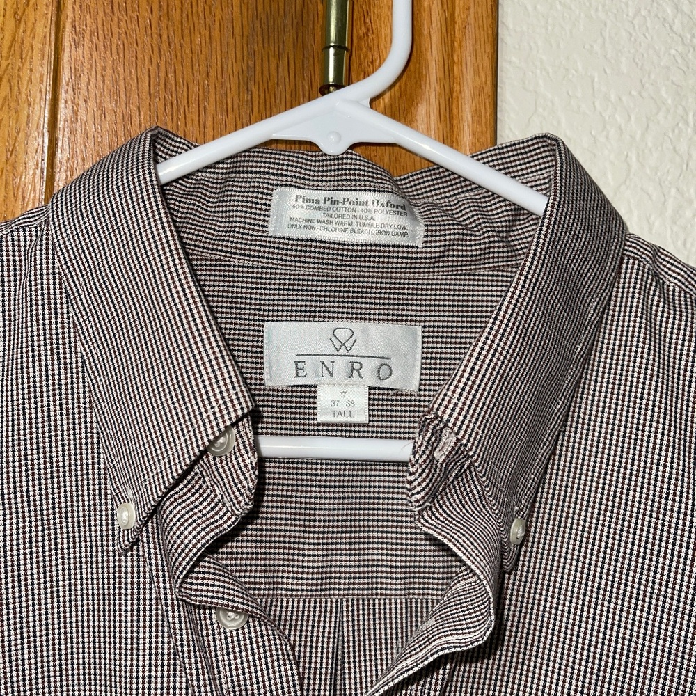 Enro Men's Dress Shirt Pima Pin-Point Oxford Brown Check 17 37/38 Tall